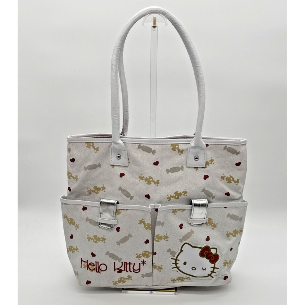 HELLO KITTY Large Tote Bag Sparkly White Embroidered Silver Straps 2010 Sanrio
